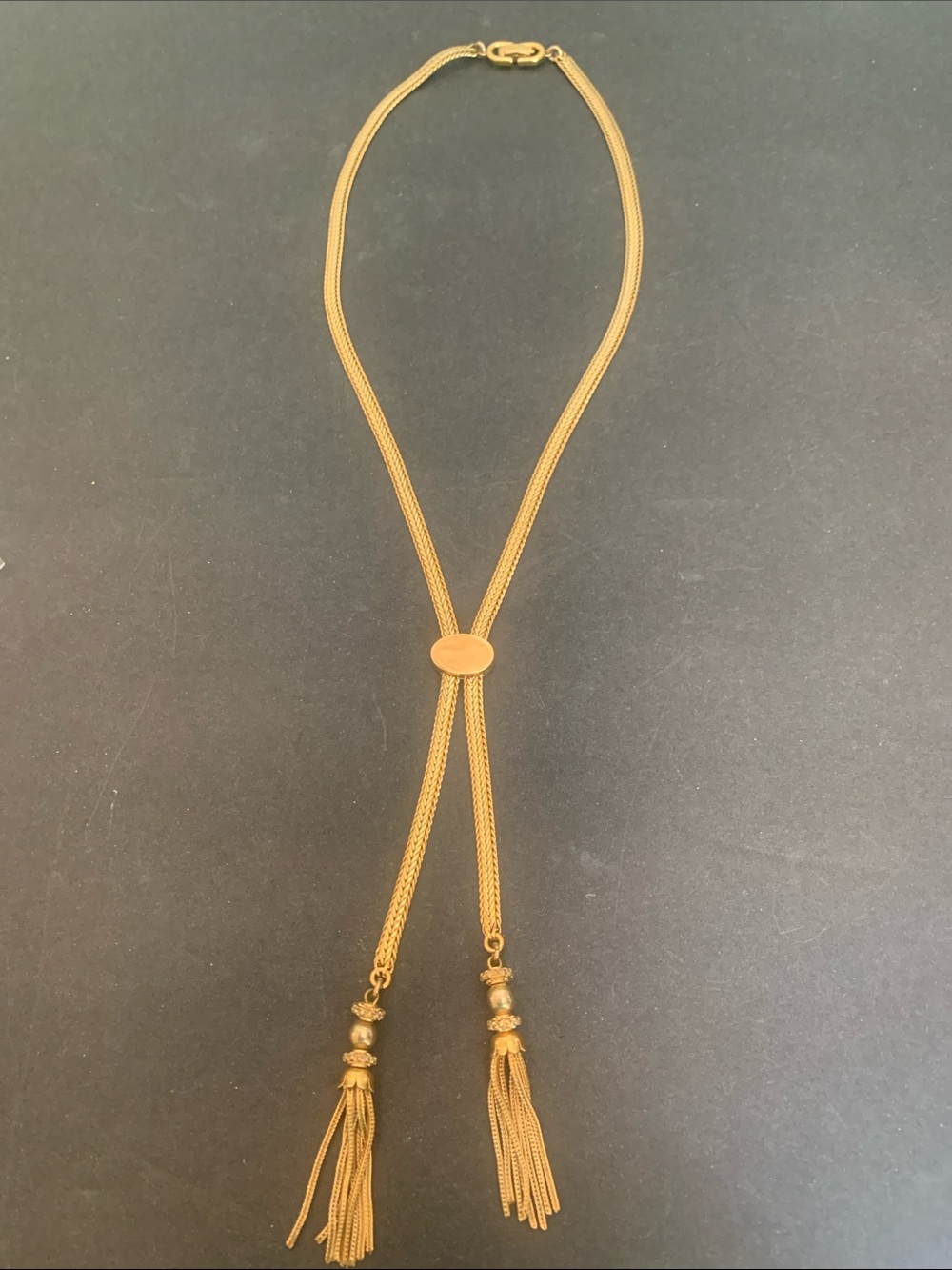 1960’s Monet “Pamela” long gold slide tassel lariat / bolo necklace 22 inches